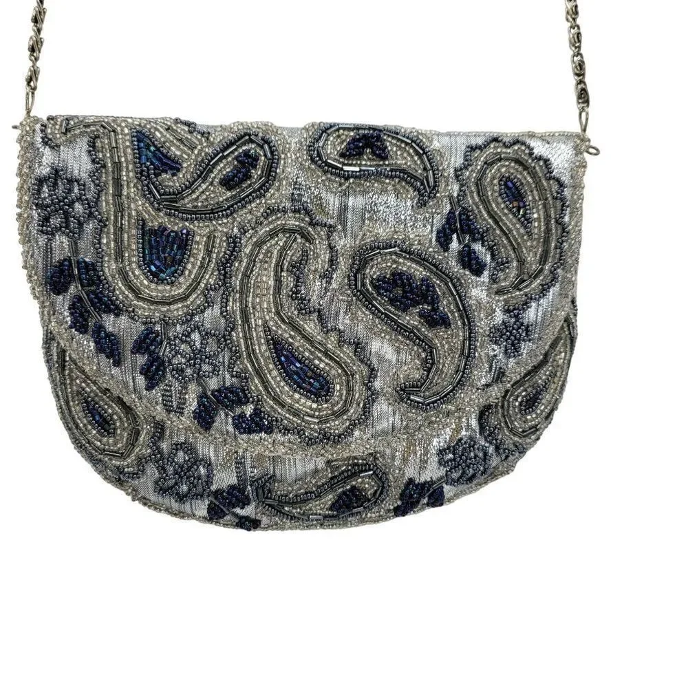 Vintage Majesty Line By‎ Albertario Crossbody Formal Silver Blue Paisley Beaded